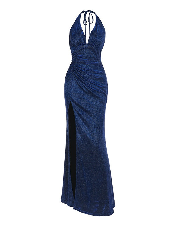 Elegant Sequin Maxi Dress for Women with Halter Neck Ruched Bodycon High Slit Sparkle Formal Party Style