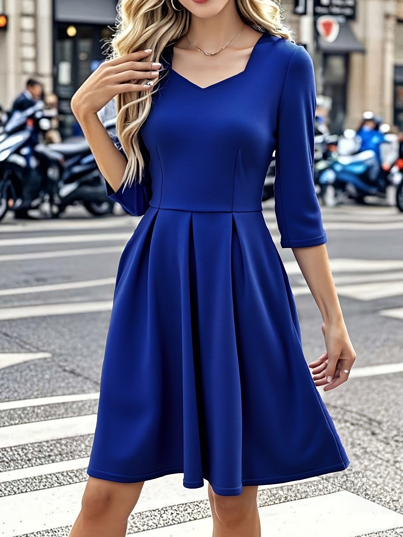 Elegant Royal Blue Midi Dress for Women with Sweetheart Neckline Elbow Sleeve Pleated Fit and Flare Style