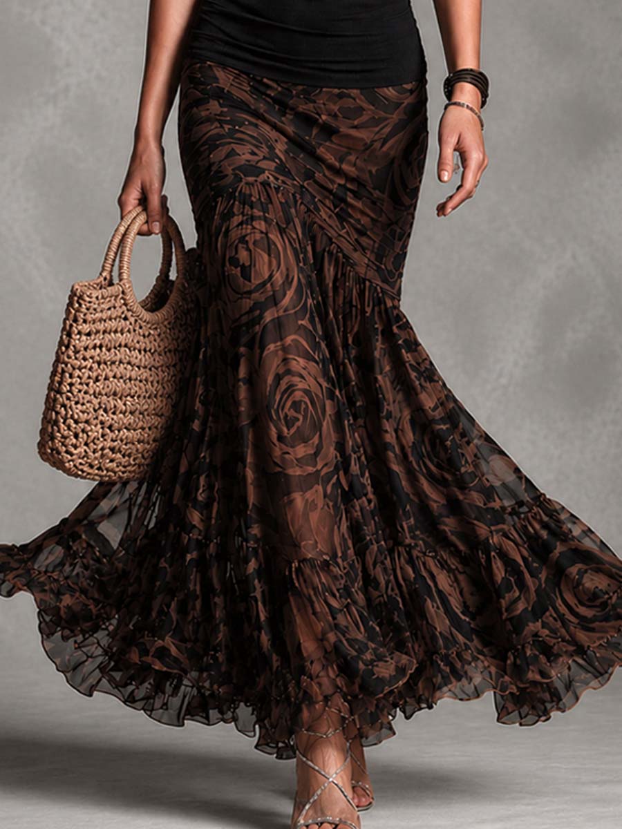 Effortless Black Rose Print Two Piece Set for Women with Halter Neck Ruffle Hem Mermaid Skirt Boho Style