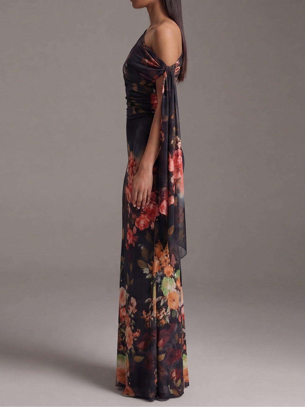 Elegant Black Floral Maxi Dress for Women with One Shoulder Draped Sleeve Ruched Bodycon Formal Wedding Guest Style