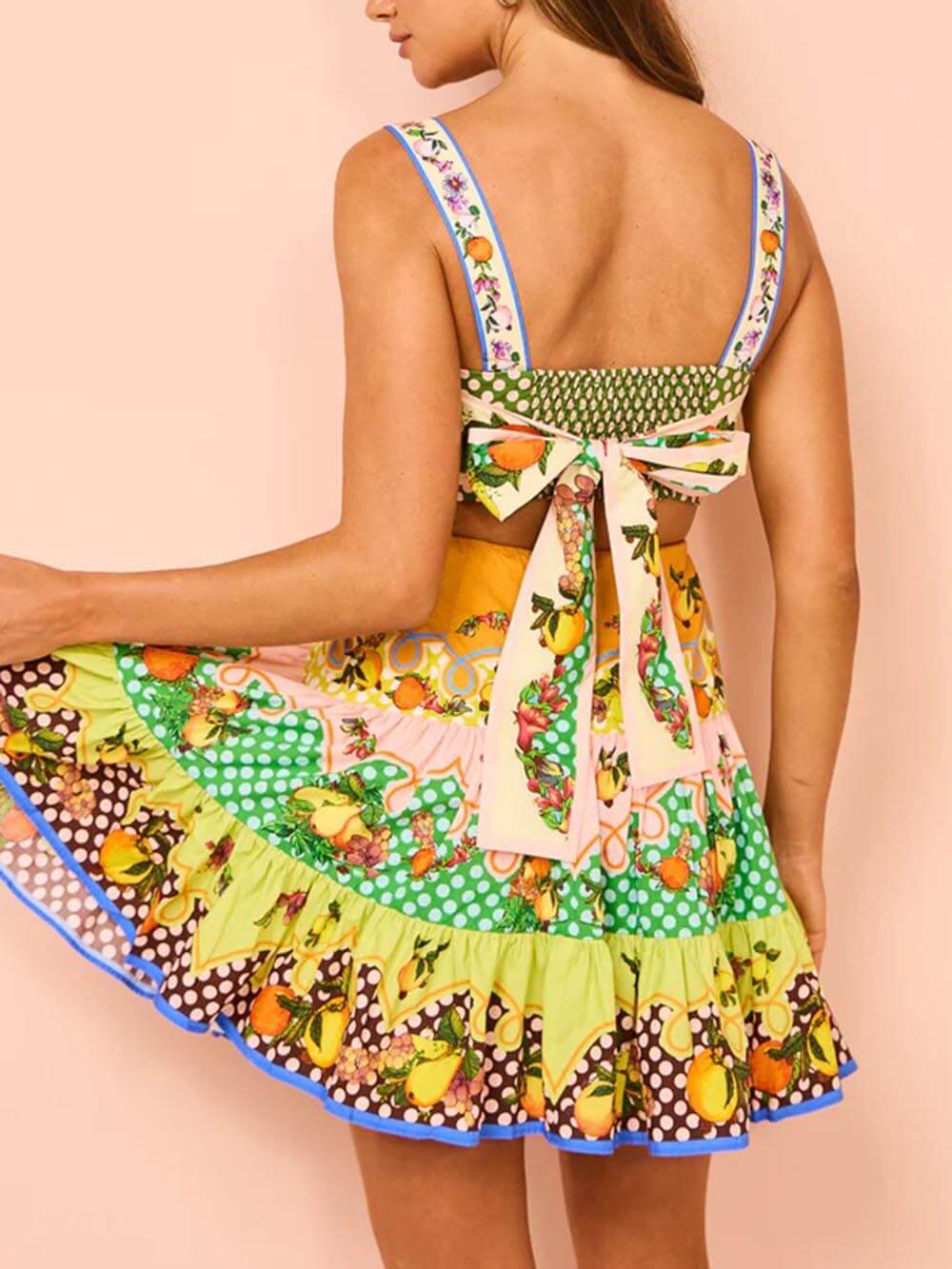 Effortless Multicolor Citrus Print Mini Dress for Women with Square Neck Sleeveless Cut Out Tiered Ruffle Bohemian Style