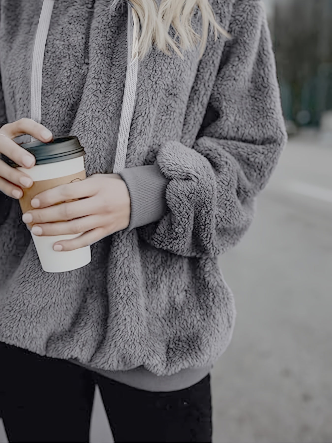 Comfortable Grey Sherpa Hoodie for Women with Hood Long Sleeve Quarter Zip Oversized Relaxed Style