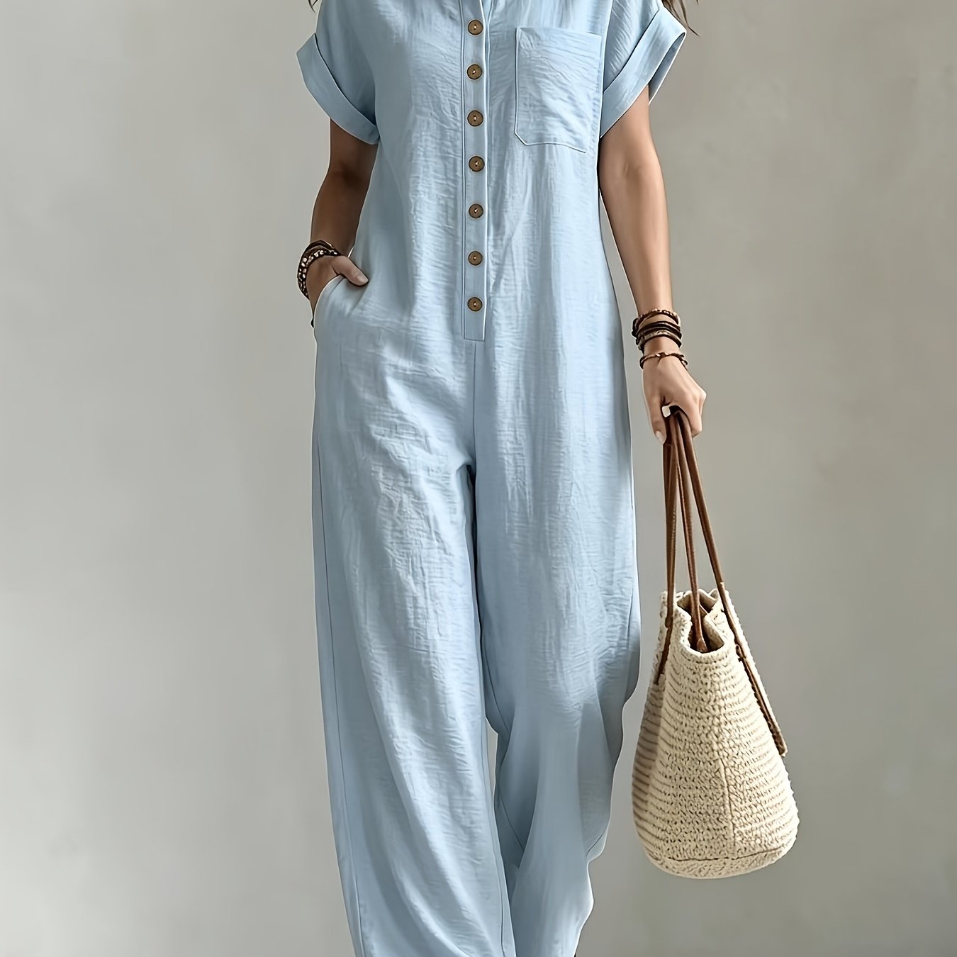 Women'S Summer Short Sleeve Jumpsuit, Collared Single-Row Button Loose Straight Style, Casual Cargo Overalls, Loose Straight Drape Long Pants, Daily Commute Casual All-Match Fashion Comfortable