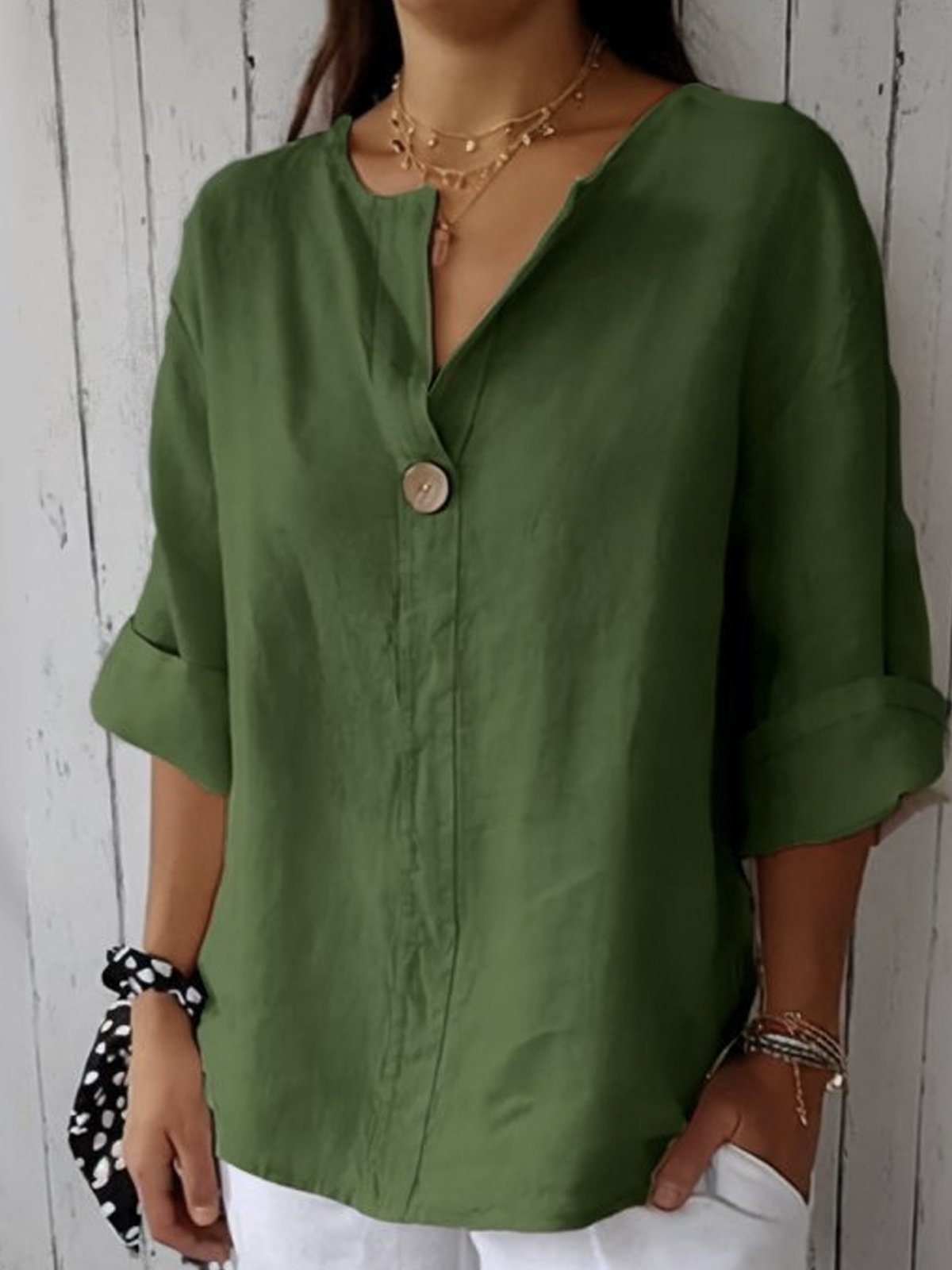 Effortless Linen Blouse for Women with V Neck Elbow Sleeve Button Front Relaxed Style