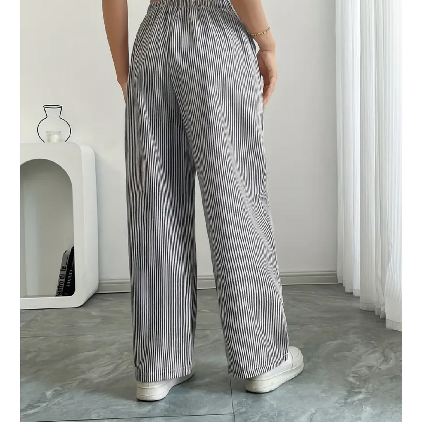 Effortless Striped Wide Leg Pants for Women with High Waist Drawstring Relaxed Casual Style