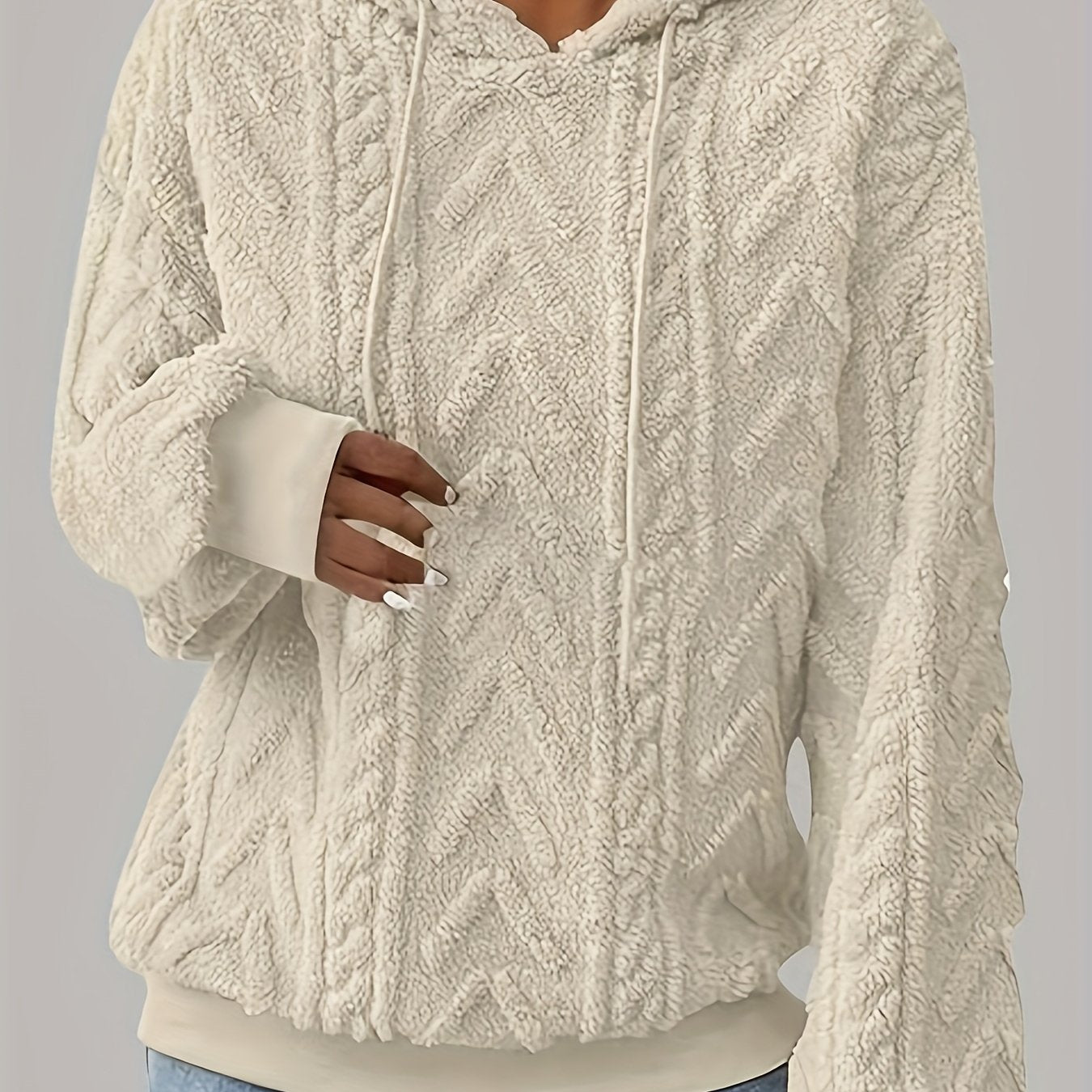Comfortable Cable Knit Fleece Hoodie for Women with Drawstring Hood Long Sleeve Oversized Cozy Style