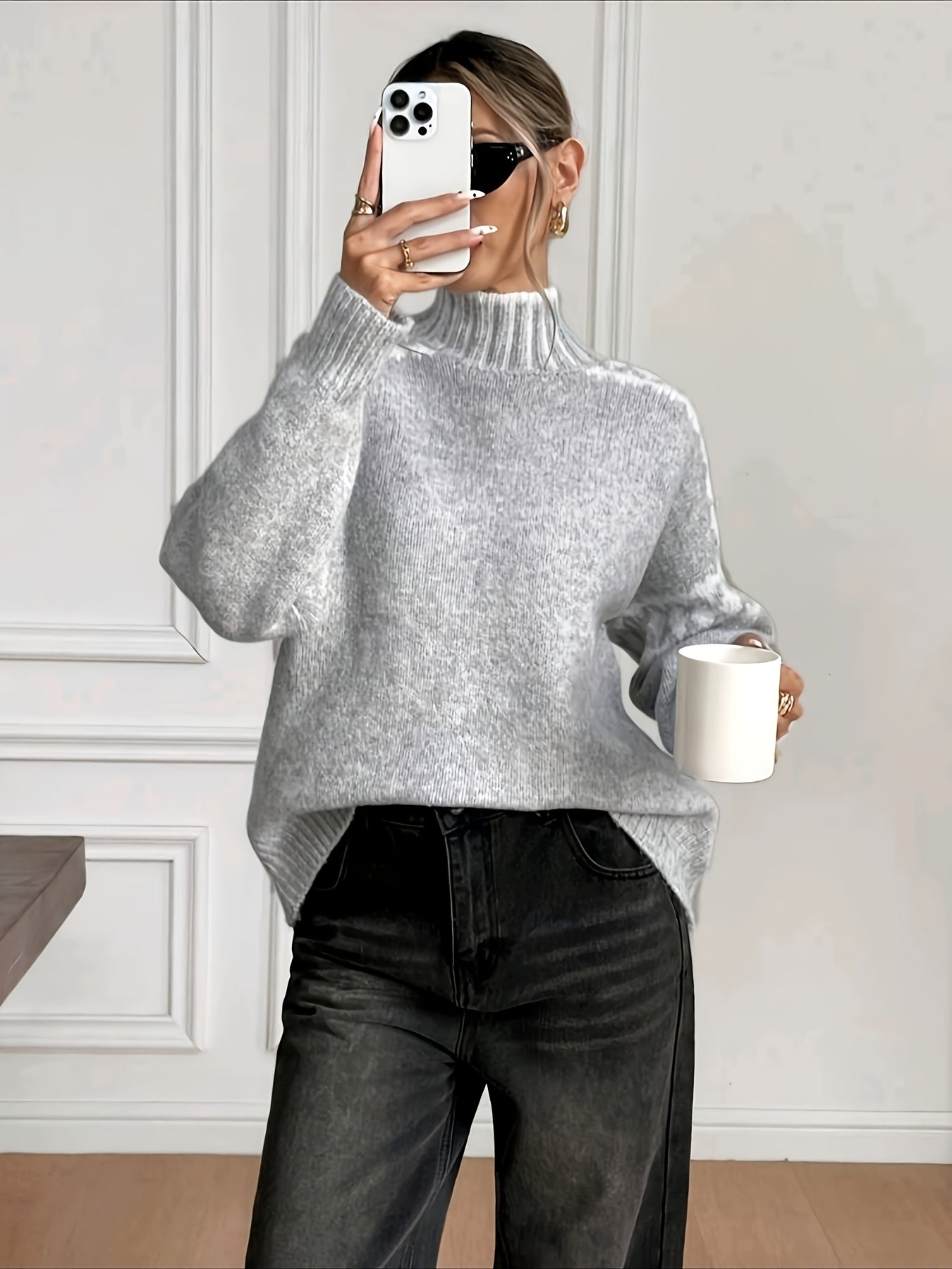 Comfortable Grey Marled Sweater for Women with High Neck Long Sleeve Relaxed Oversized Knit Style