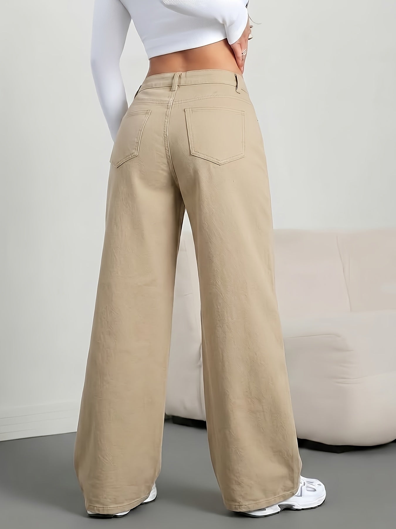 Effortless Khaki Wide Leg Jeans for Women with High Waist Button Front Relaxed Casual Style