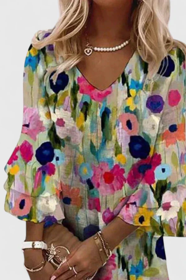 Effortless Multicolor Floral Mini Dress for Women with V Neck Flutter Sleeve Tiered Ruffle Bohemian Style