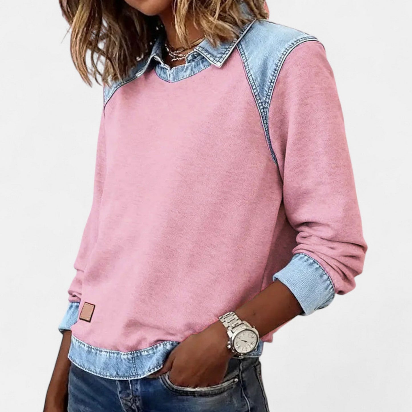 Comfortable Denim Trim Sweatshirt for Women with Layered Collar Long Sleeve Colorblock Casual Style