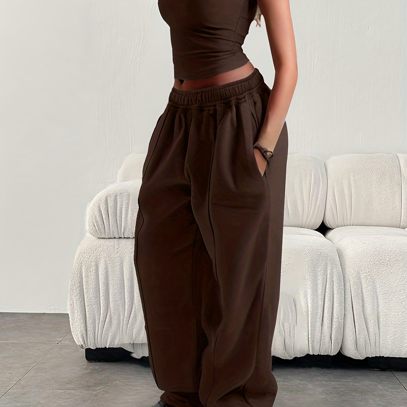 Effortless Wide Leg Sweatpants for Women with High Waist Elastic Pocket Relaxed Baggy Casual Style