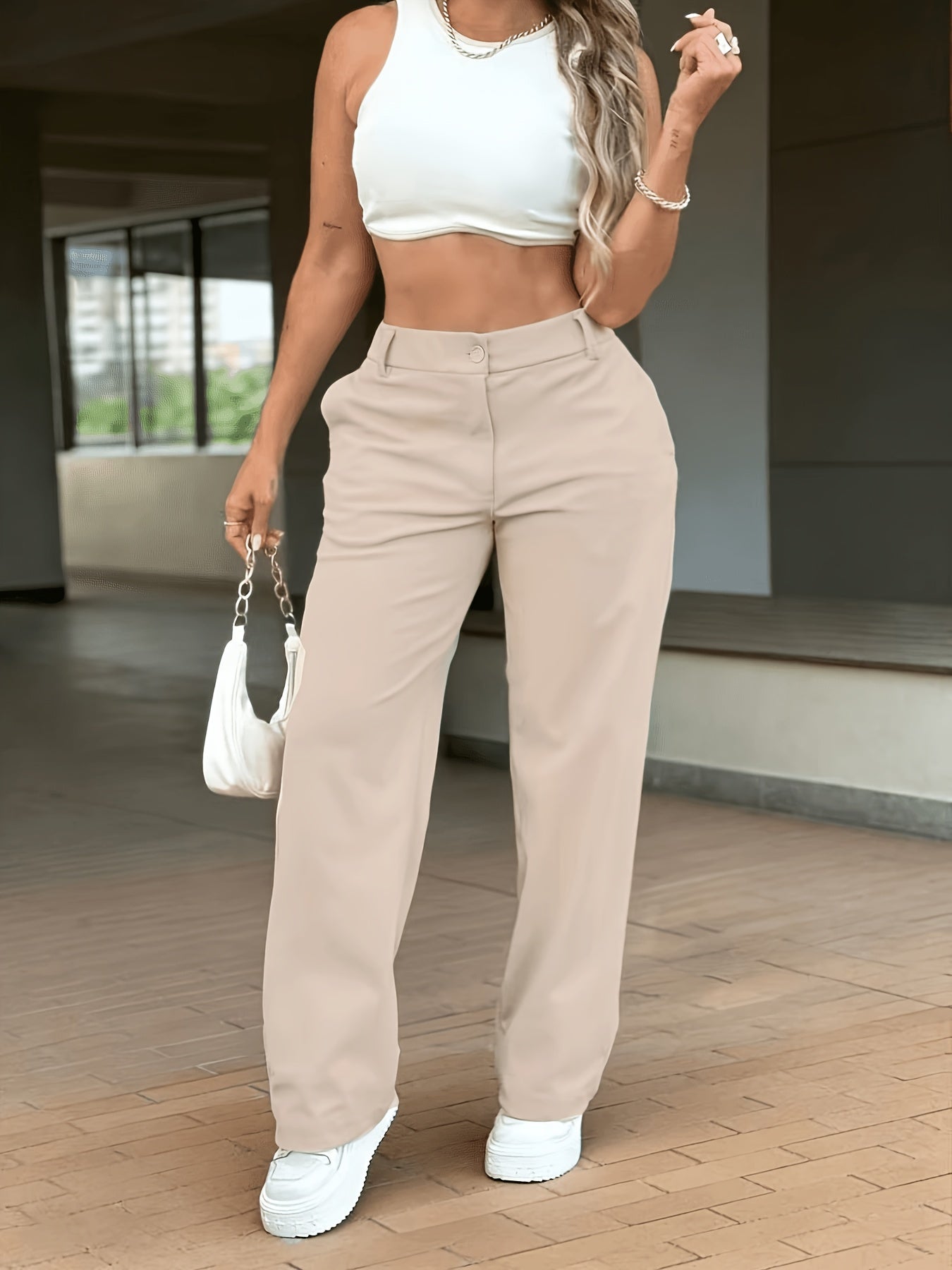Effortless Khaki Wide Leg Pants for Women with High Waist Button Front Tailored Relaxed Style