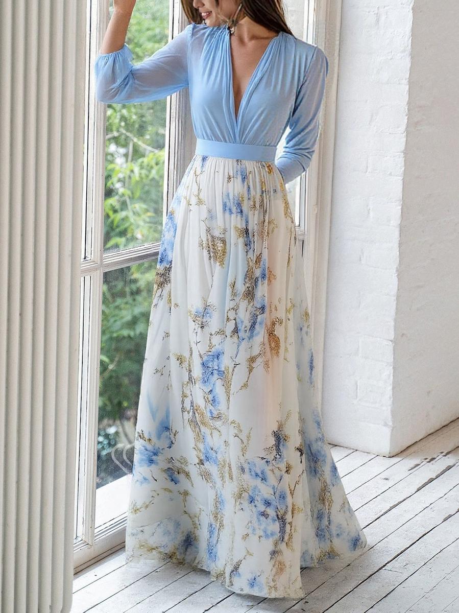 Elegant Blue Floral Maxi Dress for Women with V Neck Bishop Sleeve Contrast Bodice Flowing Wedding Guest Style