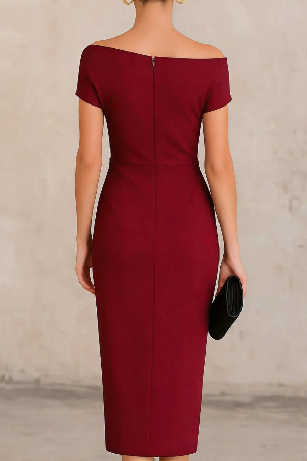 Elegant Draped Midi Dress for Women with Asymmetric Neckline Cap Sleeve Ruched Wrap Cocktail Style