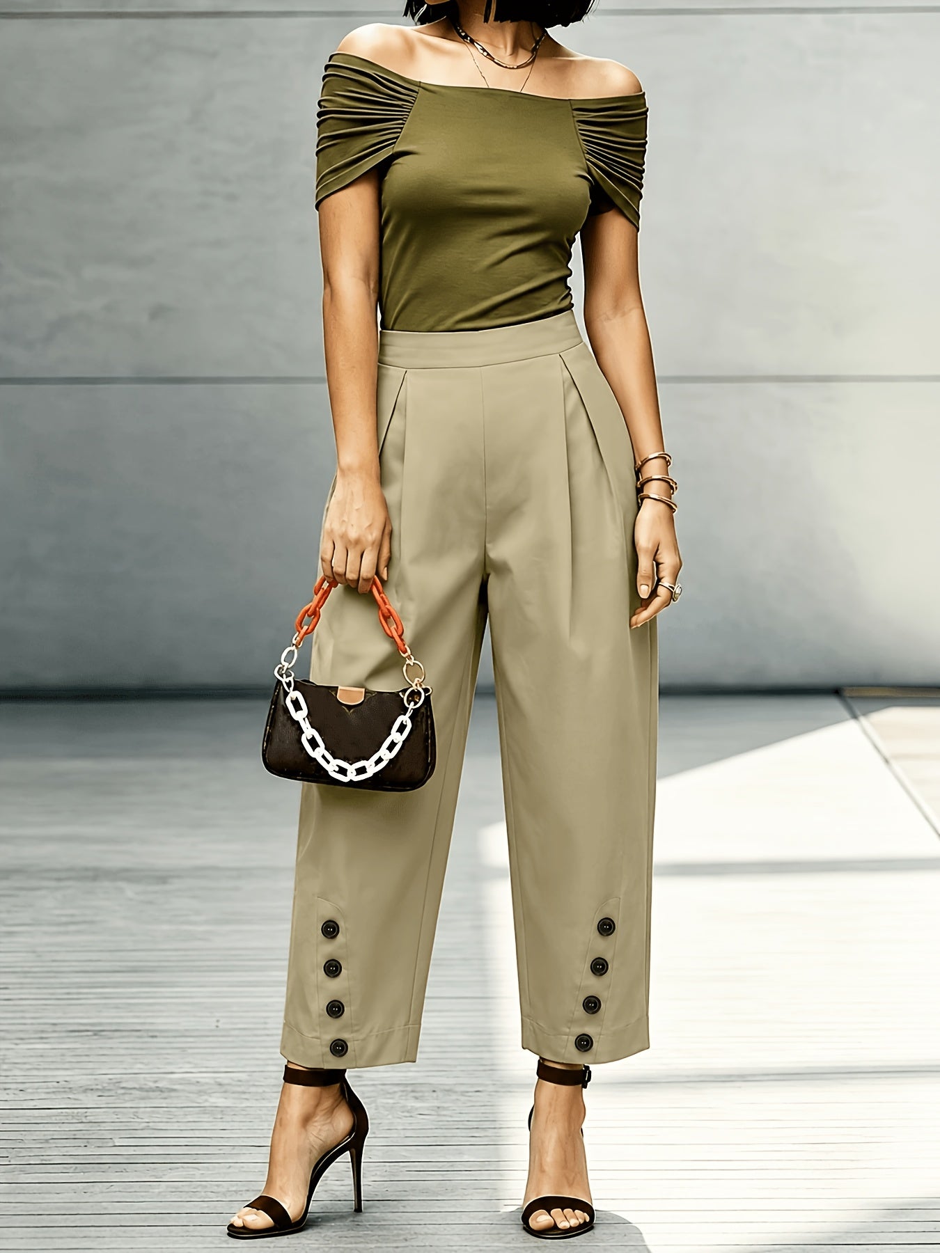 Effortless Khaki Wide Leg Pants for Women with High Waist Pleated Button Trim Tapered Style