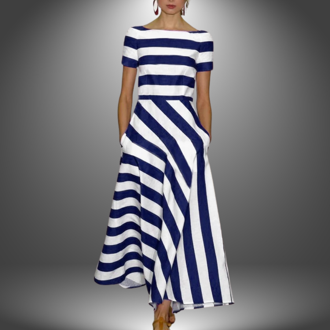 Elegant Striped Maxi Dress for Women with Boat Neck Short Sleeve Asymmetrical Hem Flowing Style