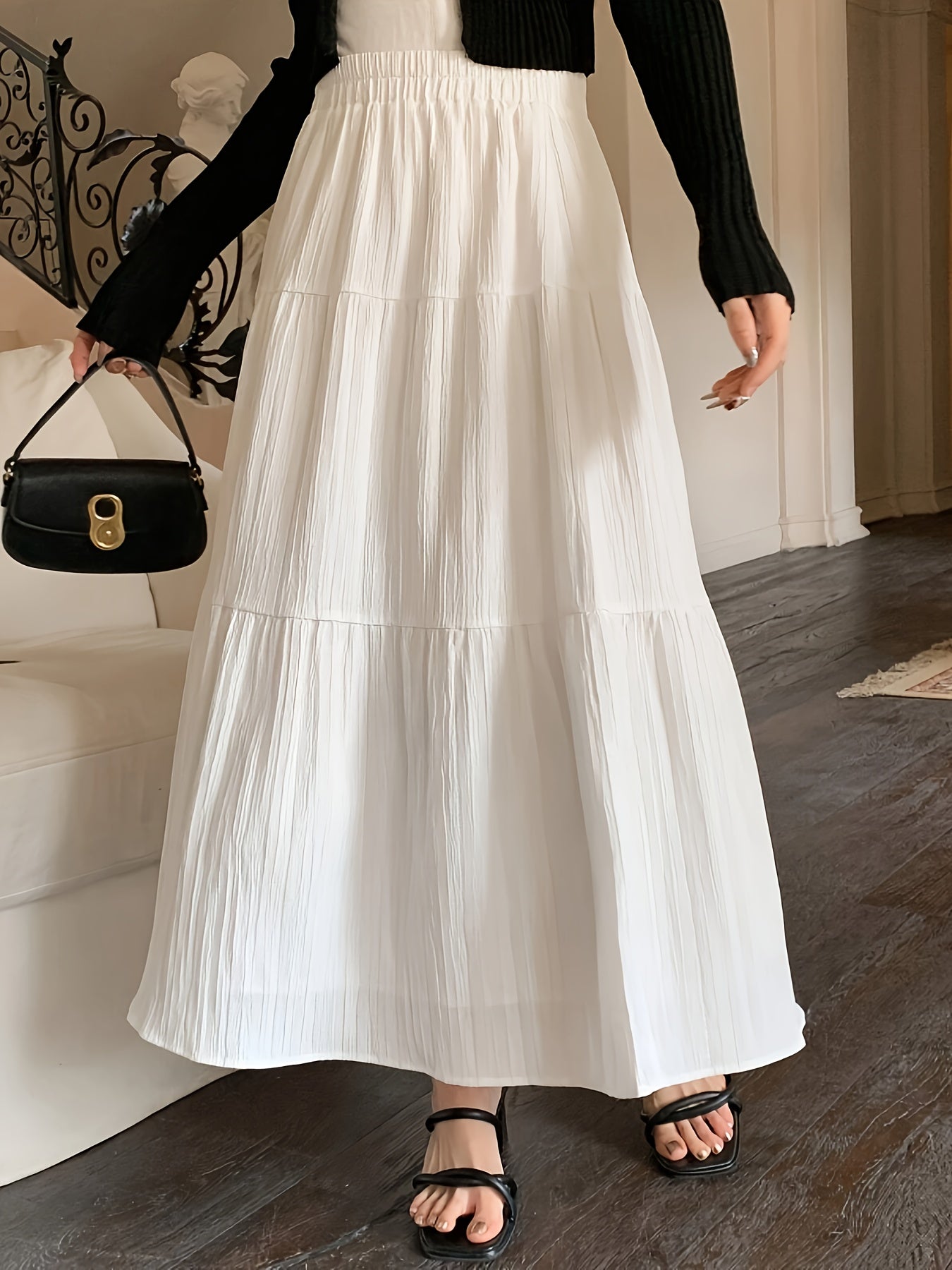 Elegant White Tiered Maxi Skirt for Women with High Waist Elastic A Line Flowing Style