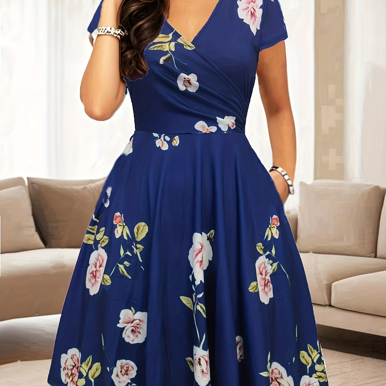 Western Foreign Trade Cross-Border Women'S V-Neck Vintage Ladies Casual Elegant Temperament Flared Knee-Length Pocket Dress