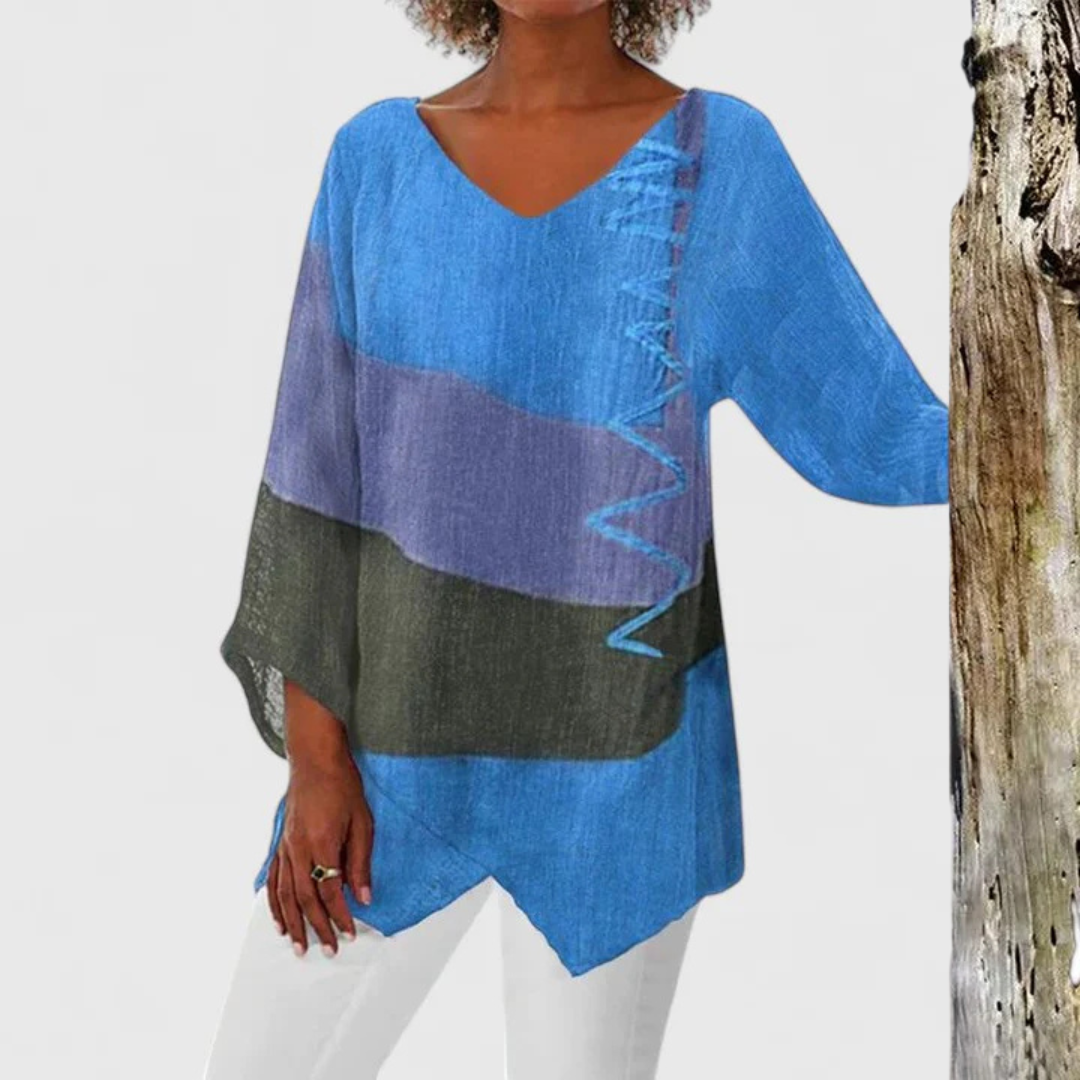 Effortless Colorblock Linen Tunic for Women with V Neck Batwing Sleeve Asymmetrical Hem Bohemian Style