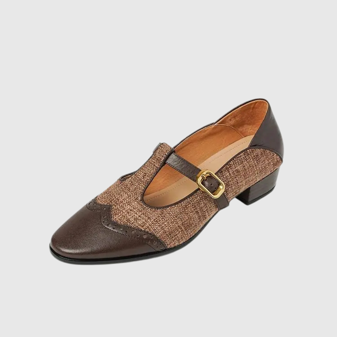 Elegant Tweed Mary Jane Flat for Women with T Strap Buckle Brogue Wingtip Style