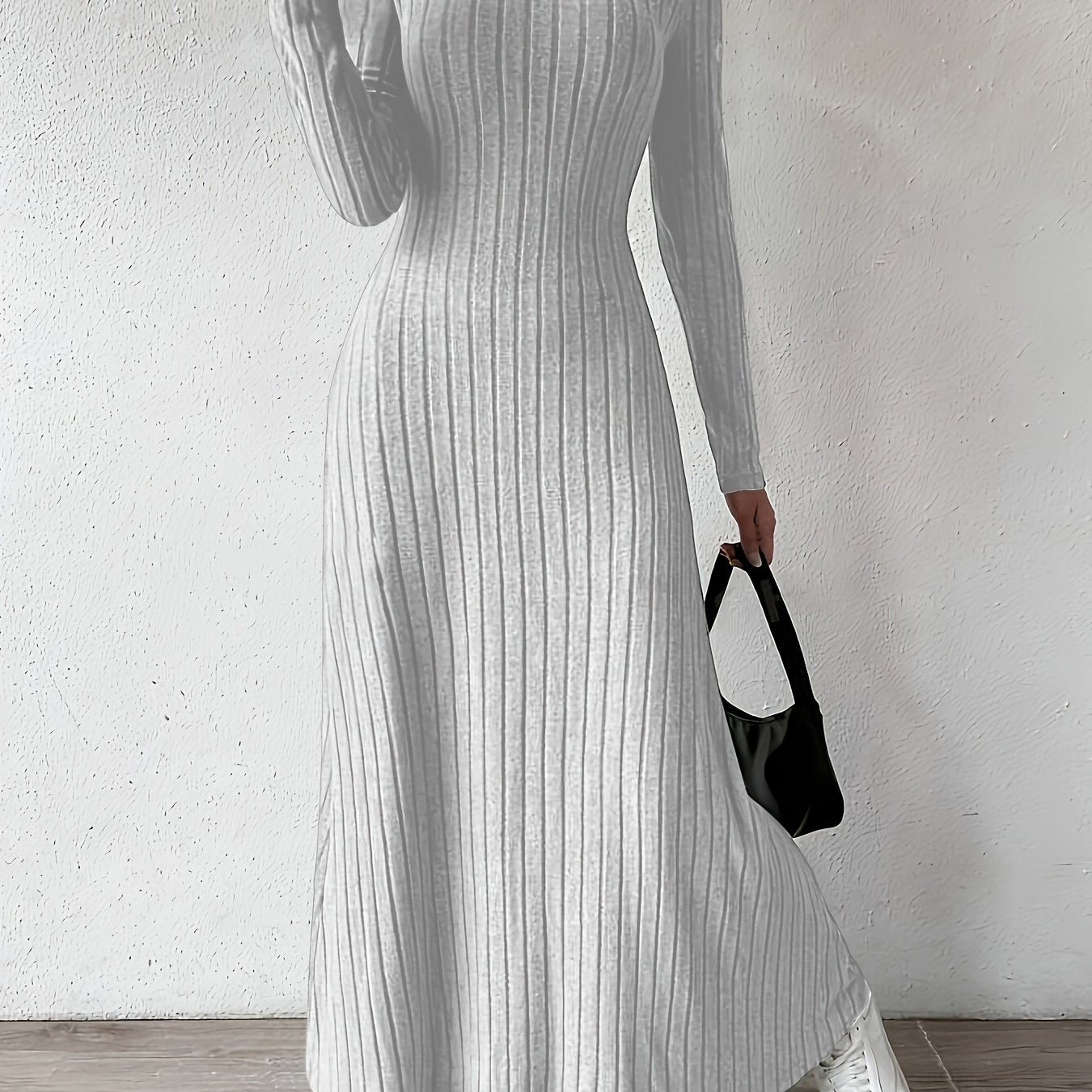 Elegant Ribbed Knit Maxi Dress for Women with V Neck Long Sleeve Fitted Flowing Style