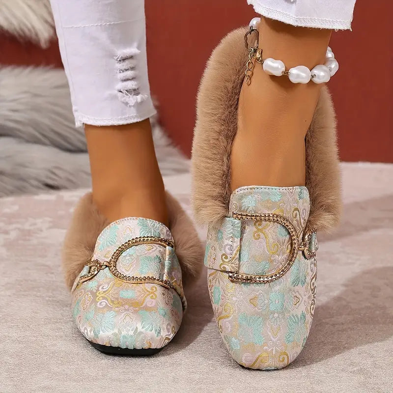 Stylish Beige House Shoes for Women with Faux Fur Lining Buckle Detail Printed Slip On Style