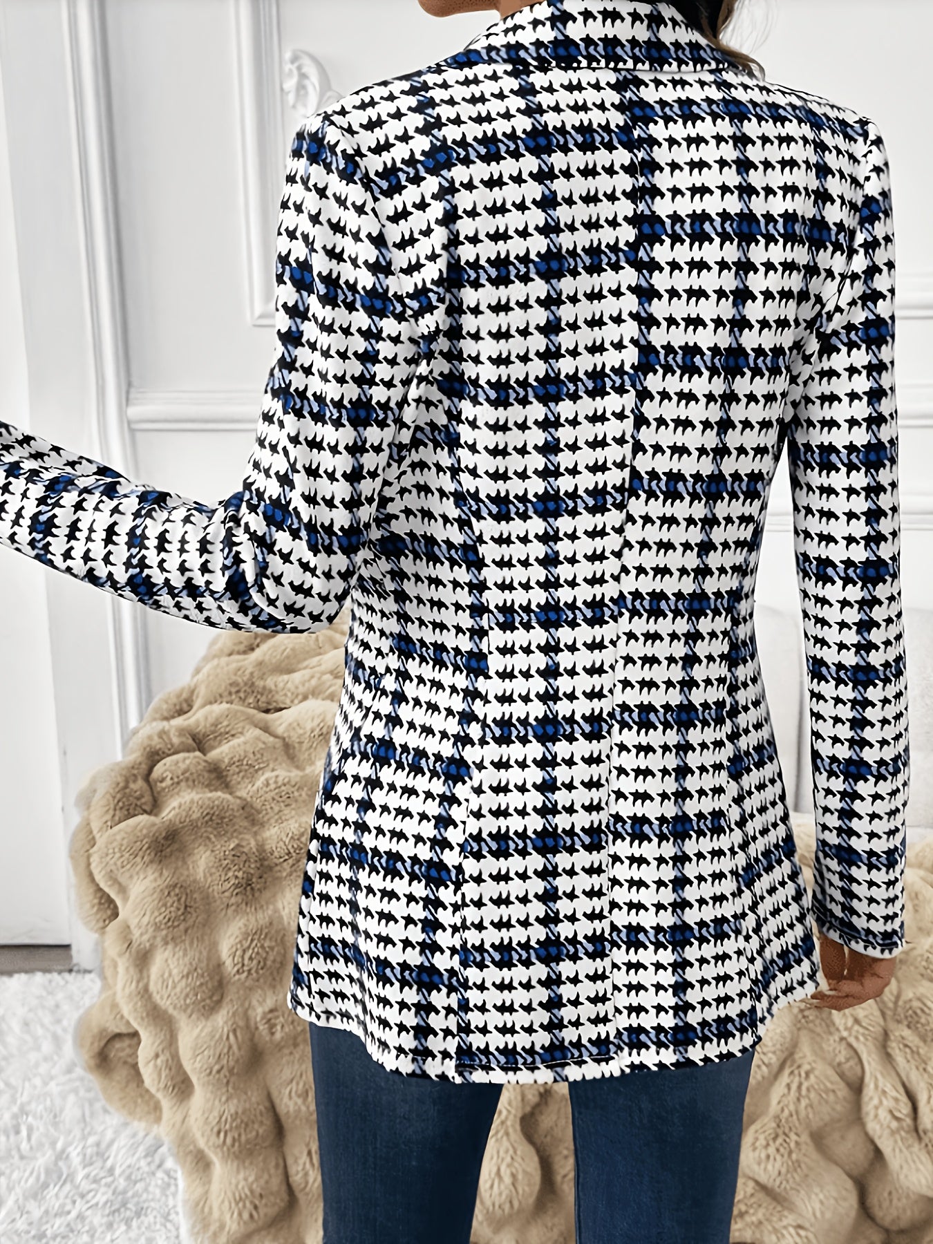 Elegant Black and Blue Houndstooth Blazer for Women with Notched Collar Long Sleeve Tailored Single Button Casual Style