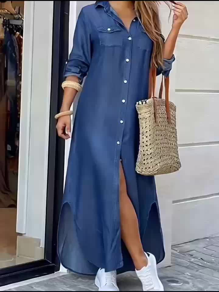 Elegant Blue Denim Maxi Shirt Dress for Women with Collar Long Sleeve High Low Hem Casual Style