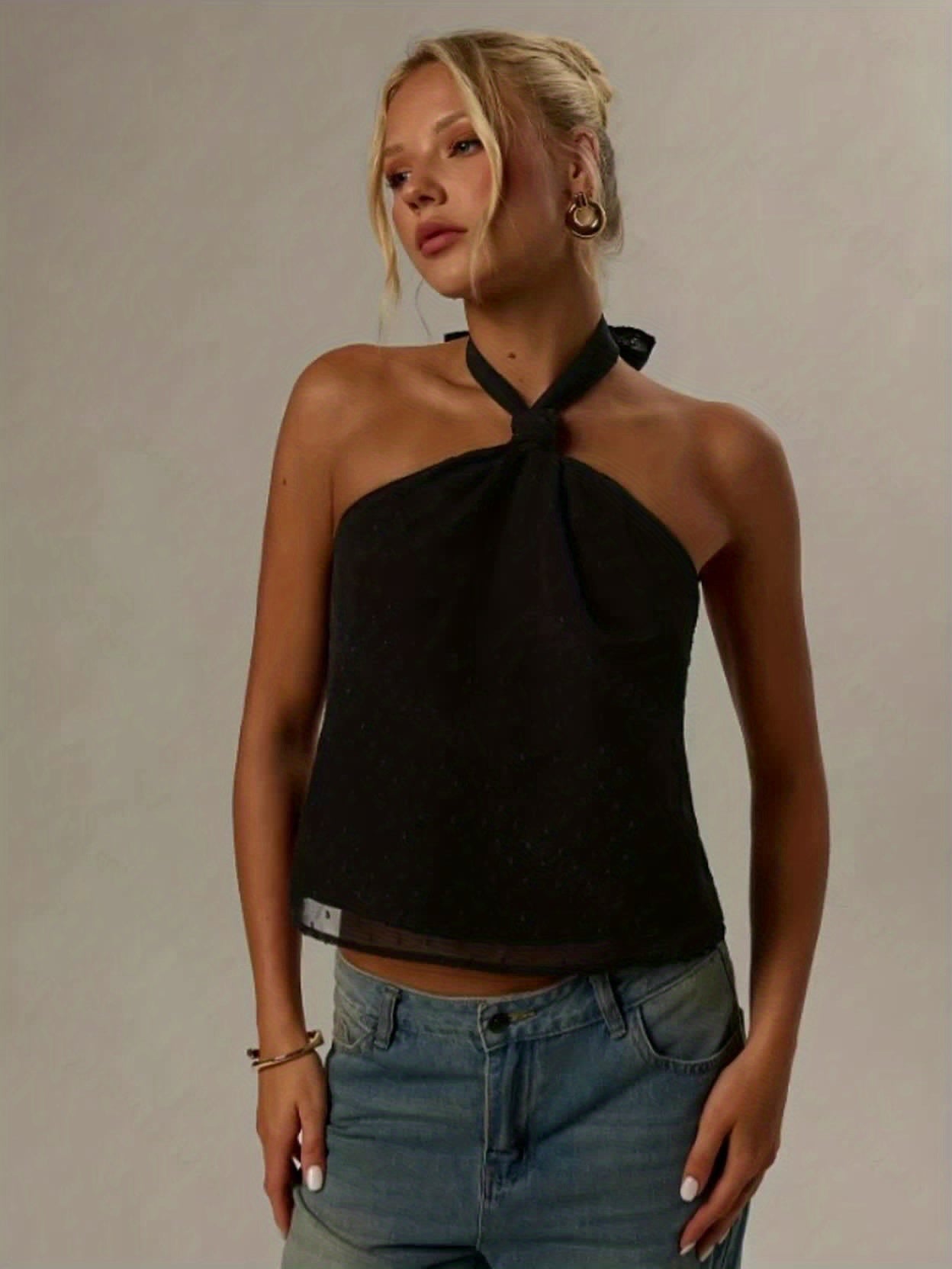 Effortless Black Swiss Dot Blouse for Women with Halter Neck Backless Bow Tie Flowing Tank Style
