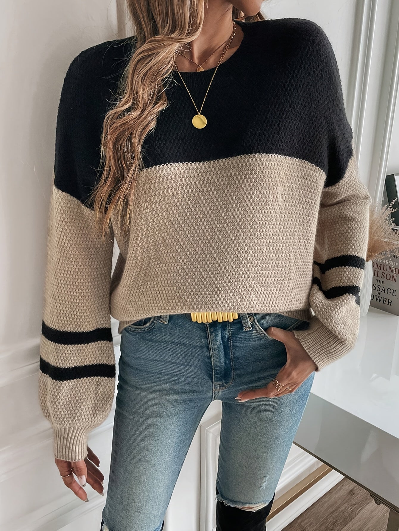 Women's Casual Two-Tone Color-Block Drop Shoulder Pullover Sweater - Soft Round Neck All-Season Versatile Top for Casual Attire, Cute Sweaters, Relaxed Outfit, Elegant Style, Durable Construction, Stylish Knitwear, Comfort Seekers