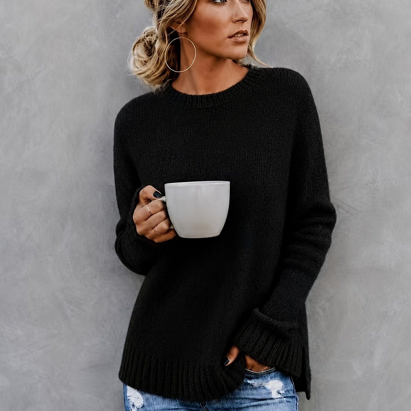 Comfortable Heathered Knit Sweater for Women with Crew Neck Long Sleeve Bell Cuff Oversized Relaxed Style