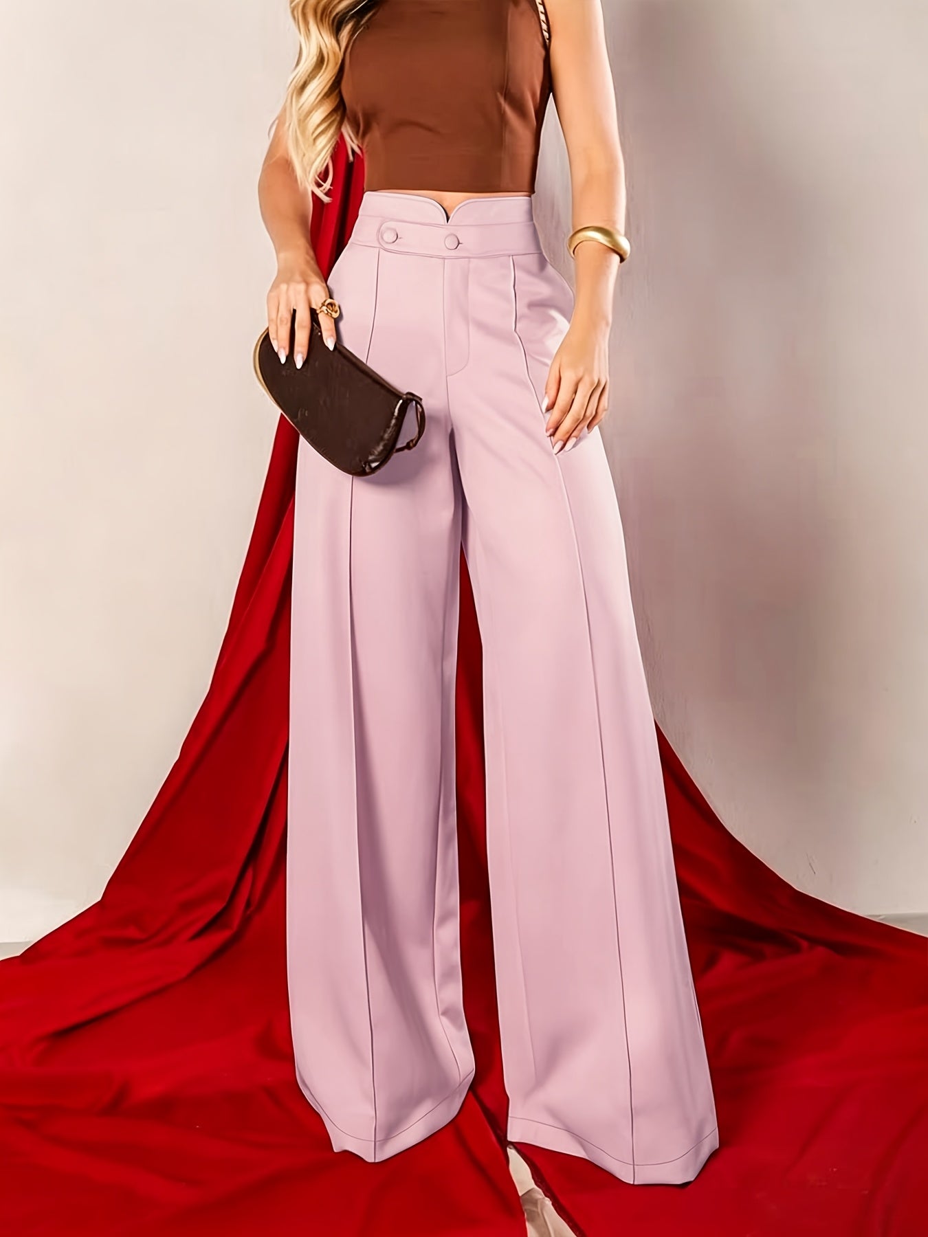 Elegant Khaki Wide Leg Pants for Women with High Waist Pintuck Tailored Formal Style