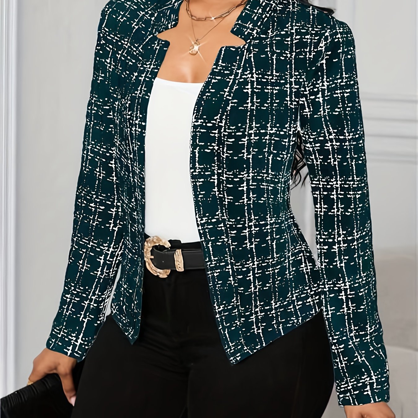 Elegant Tweed Blazer for Women with Lapel Collar Long Sleeve Open Front Fitted Style