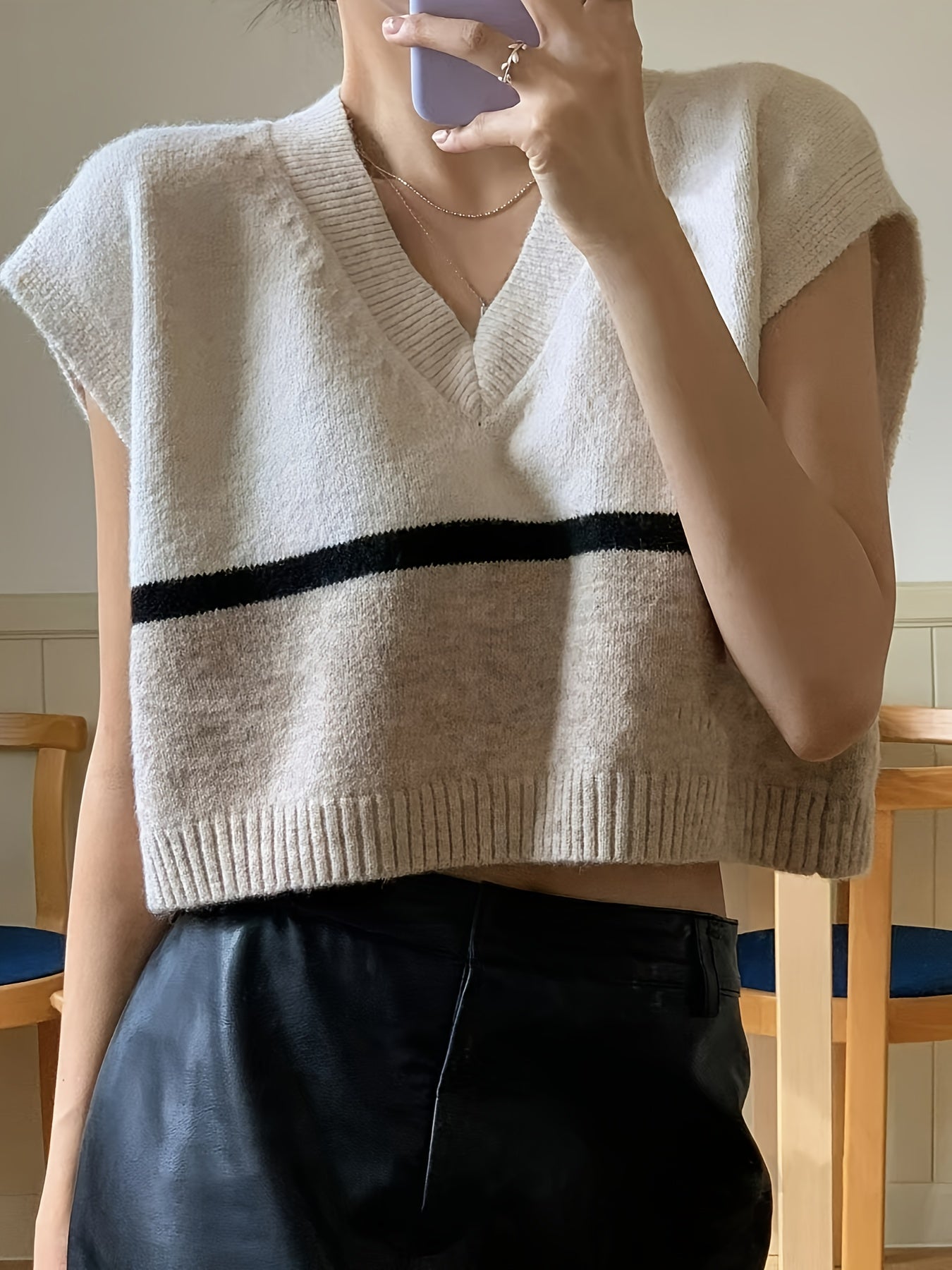 Elegant Apricot Striped Sweater Vest for Women with V Neck Sleeveless Cropped Colorblock Knit Style