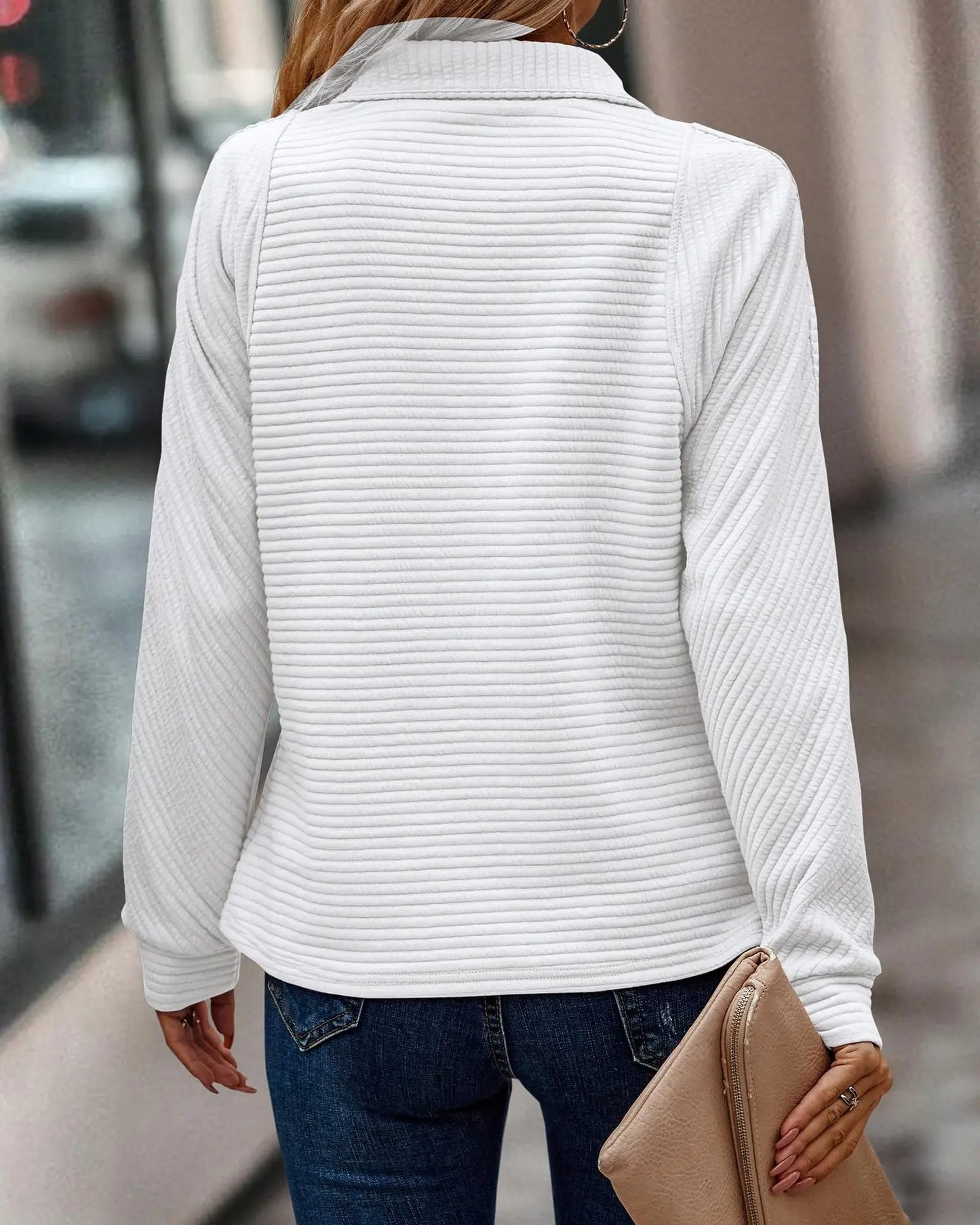 Comfortable Ribbed Quarter Zip Pullover for Women with Collared Long Sleeve Relaxed Oversized Knit Style
