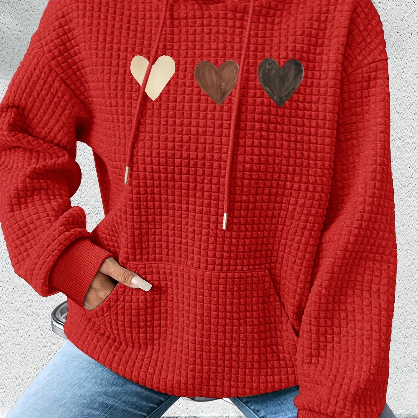 Comfortable Heart Print Waffle Knit Hoodie for Women with Hooded Long Sleeve Kangaroo Pocket Oversized Style