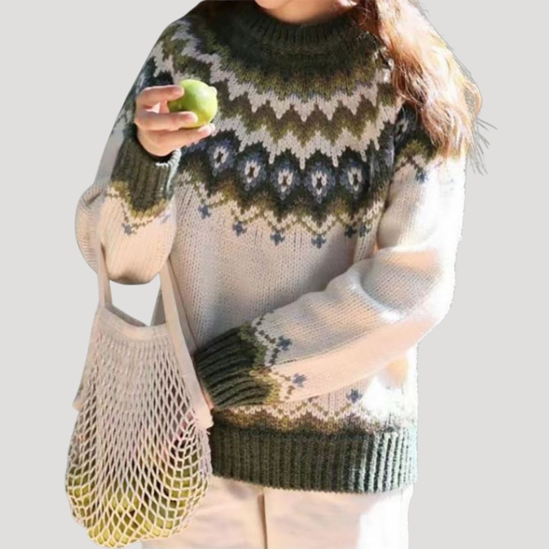 Comfortable Fair Isle Print Sweater for Women with Crew Neck Long Sleeve Relaxed Oversized Knit Style