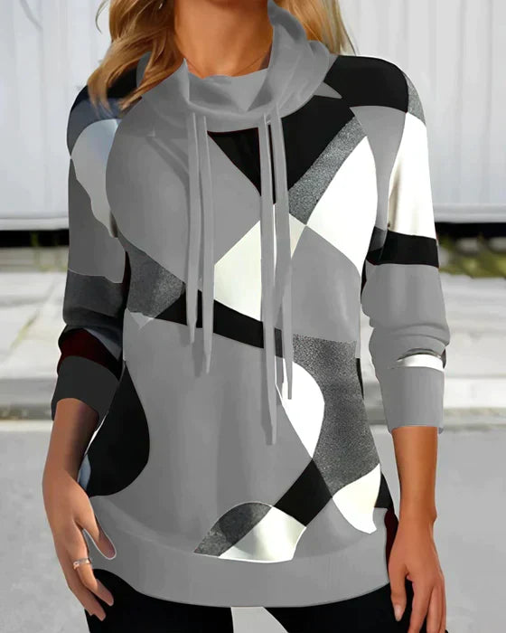 Comfortable Geometric Print Tunic Top for Women with Cowl Neck Long Sleeve Drawstring Relaxed Style