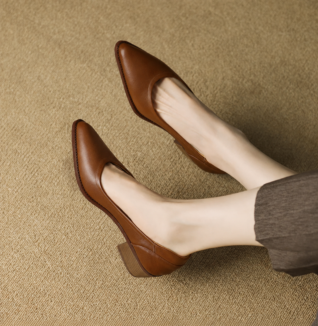 Elegant Leather Block Heel Pump for Women with Pointed Toe Slip On V Cut Casual Style