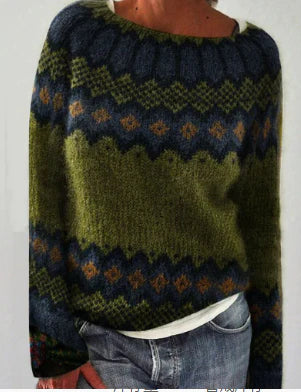Comfortable Fair Isle Sweater for Women with Round Neck Long Sleeve Relaxed Oversized Knit Style