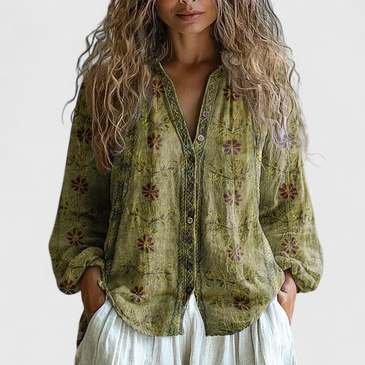 Effortless Floral Linen Blouse for Women with V Neck Long Sleeve Embroidered Trim Boho Style
