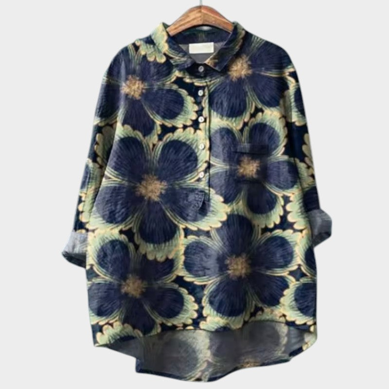 Effortless Floral Linen Blouse for Women with Collar Long Sleeve Button Front High Low Relaxed Style