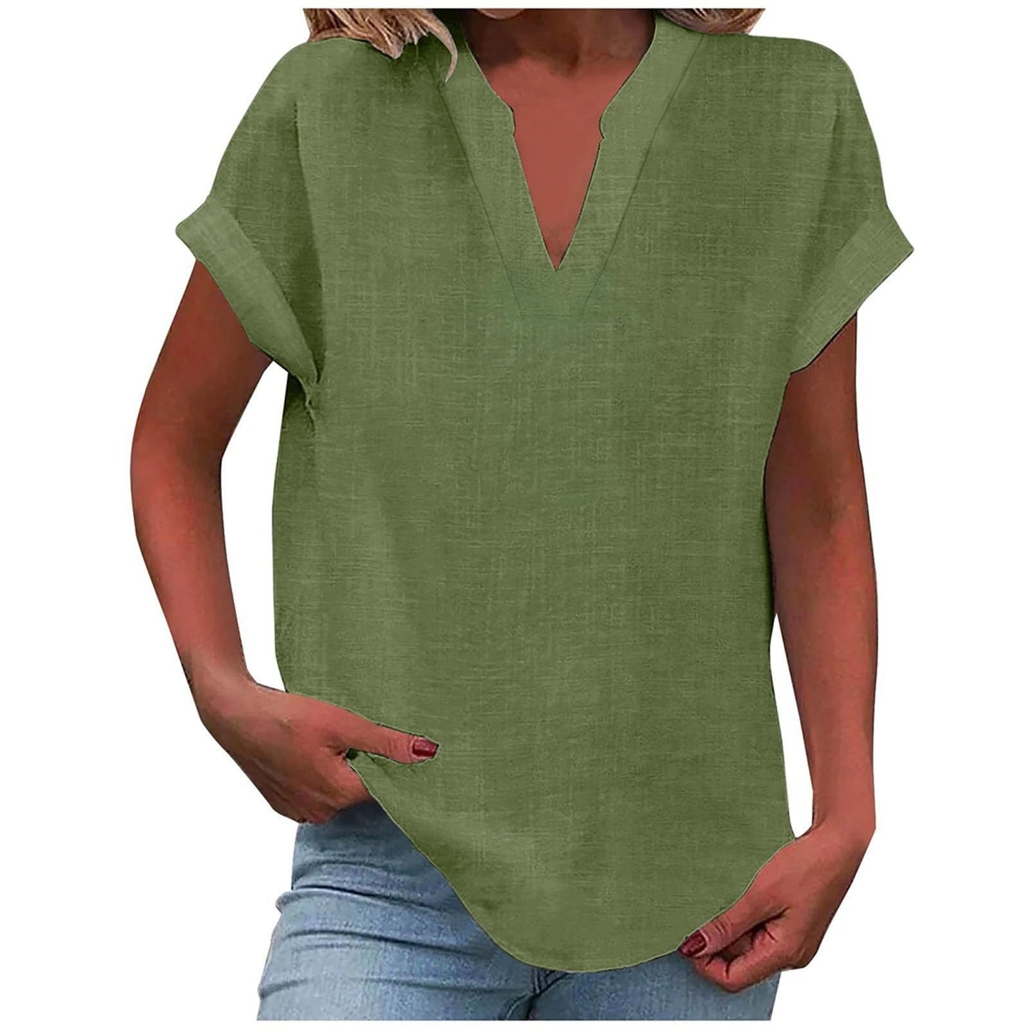 Effortless Linen Blouse for Women with V Neck Short Sleeve Relaxed Curved Hem Casual Style