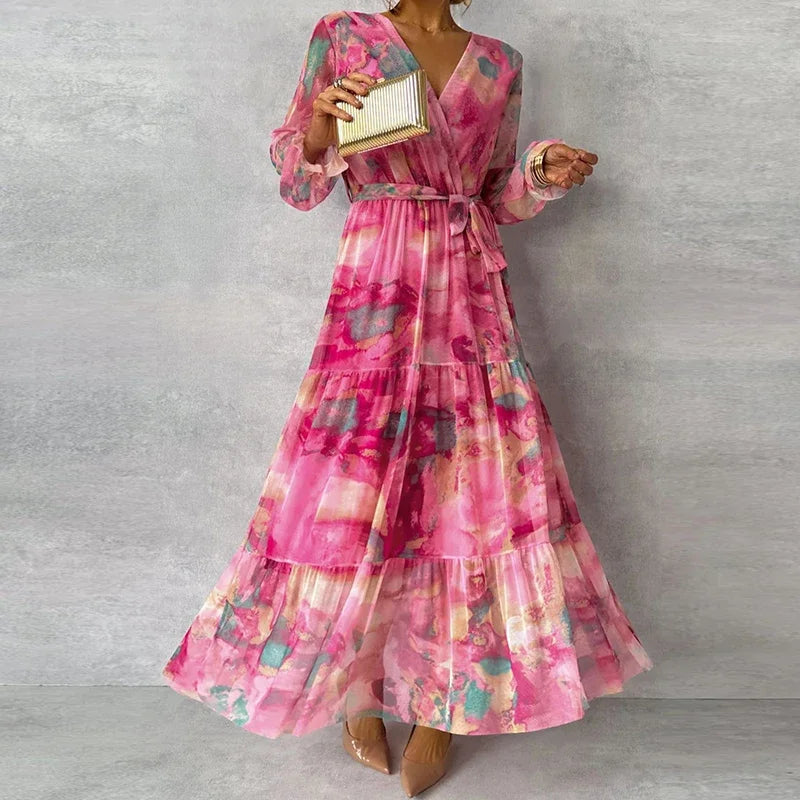 Effortless Pink Watercolor Maxi Dress for Women with V Neck Bell Sleeve Wrap Tiered Ruffle Bohemian Style