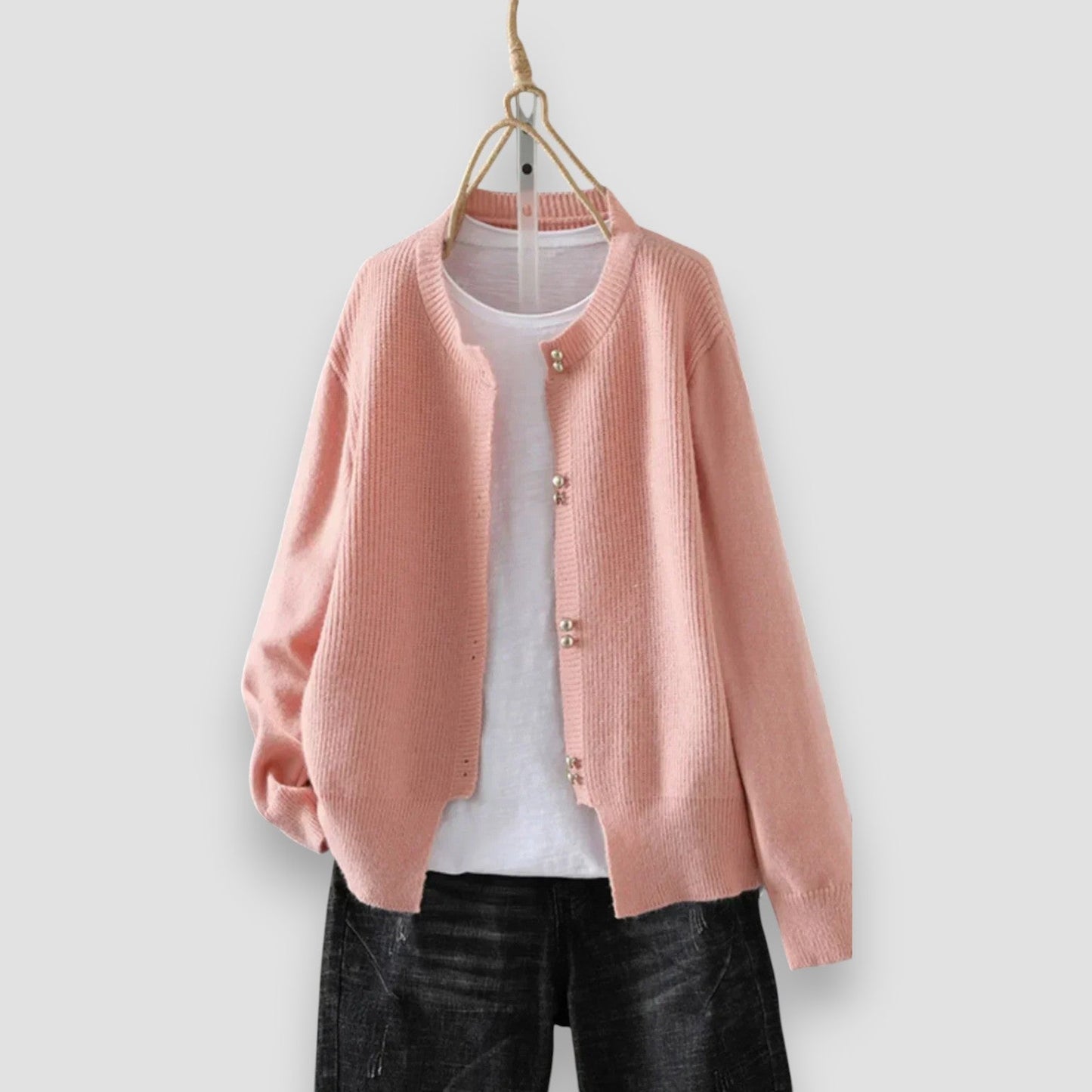 Comfortable Ribbed Cardigan for Women with Round Neck Long Sleeve Pearl Button Relaxed Oversized Knit Style