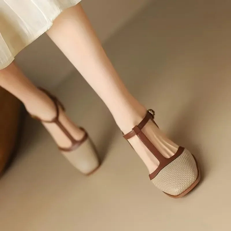 Elegant Perforated Leather Mary Jane Heels for Women with Square Toe T Strap Buckle Block Heel Style
