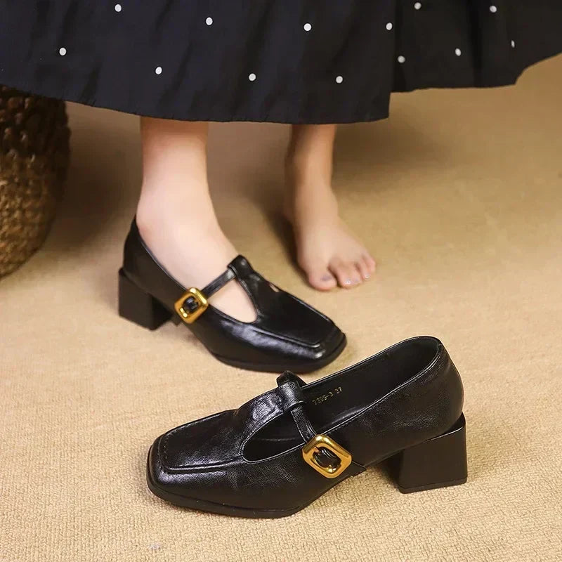 Elegant Leather Mary Jane Pumps for Women with Square Toe T Strap Block Heel Vintage Style