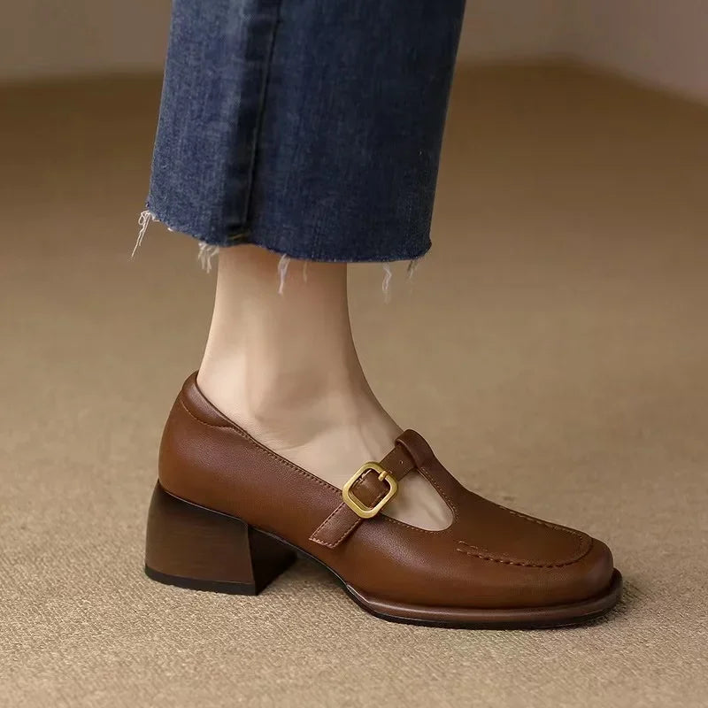 Elegant Leather Mary Jane Loafers for Women with T Strap Buckle Square Toe Block Heel Vintage Style