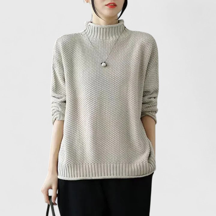 Comfortable Chunky Sweater for Women with Mock Neck Long Sleeve Relaxed Oversized Curved Hem Style