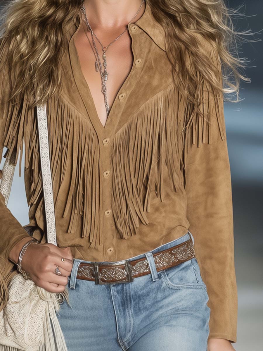 Elegant Light Brown Suede Fringe Blouse for Women with Collar Long Sleeve Button Front Western Boho Style